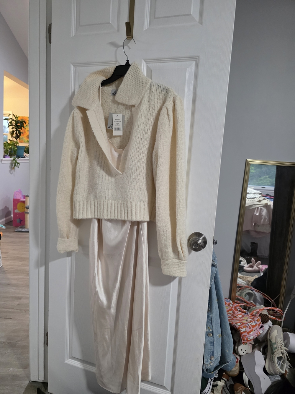 dh NEW YORK Cream Collared V-Neck Knit Sweater And Silk Dress